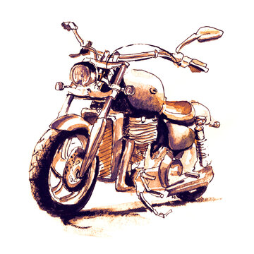 Watercolor scooter. Sketch of old motorcycle in vintage style. Hand drawing watercolor and ink. Isolated on white background