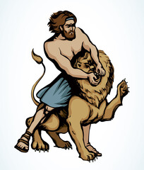 Samson fights a lion. Vector drawing