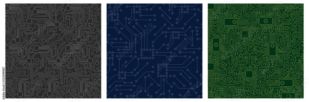 Poster chip computer board pattern set. motherboard modern with seamless pattern green blue monochrome abst