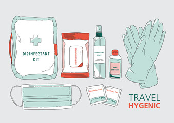 Vector illustration of the Travel Disinfectant kit. Elevated Health and Wellness. Protect yourself from germs, bacteria and viruses. Coronavirus (COVID-19).