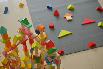 colorful wooden block geometric toy for kid playing learn creativity in stay home