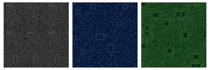 Chip computer board pattern set. Motherboard modern with seamless pattern green blue monochrome abstract vector lines processor chip video card digital graphic engineering of computer equipment.