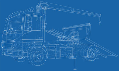 Vector Wire-frame tow truck. The layers of visible and invisible lines are separated. EPS10 format. Vector created of 3d.