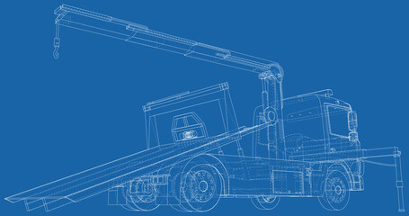 Tow truck for transportation faults and emergency cars vector illustration. Wire-frame line isolated. Vector rendering of 3d.