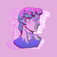Modern underground bust David. Antique masterpiece sculpture David by Michelangelo decorated in modern underground color style bright graphic surreal arnuvo vector art classic renaissance.