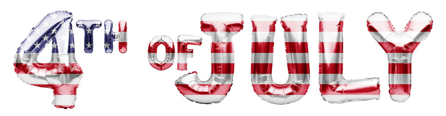 4TH OF JULY words made of inflatable balloons on white background. American patriotic holiday,...