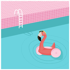 Flamingo balon in swimming pool with funny sunglasses. vector illustration. © Anastasia