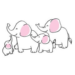 Cartoon elephant family on white background.