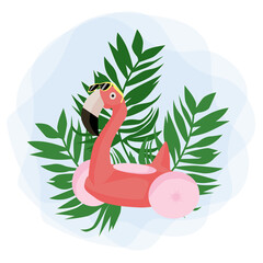 Flamingo balon with funny sunglasses. Tropical leaf. Flat vector. © Anastasia
