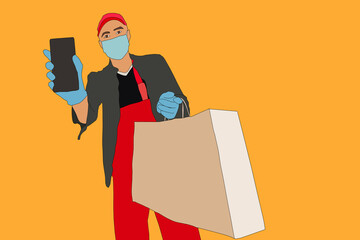 Safe food delivery. Young courier delivering grocery order to the home of customer with mask and gloves during the coronavirus pandemic. cartoon illustration isolated on yellow background.