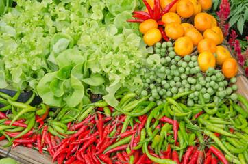Top view of beautiful chili and lettuce with fruits