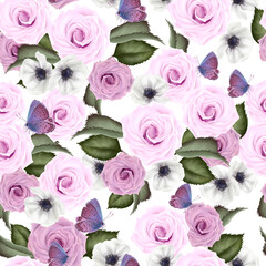 Beautiful colorful pattern with roses and anemone flowers, leaves.  
