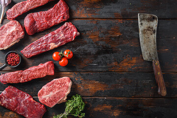 Set of  flap flank Steak, machete steak or skirt cut, Top blade or flat iron beef and tri tip,...