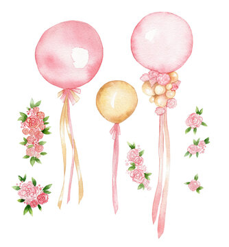 Watercolor illustration pink gold balloons and flowers. for printing cards, invitations, for a holiday, baby shower