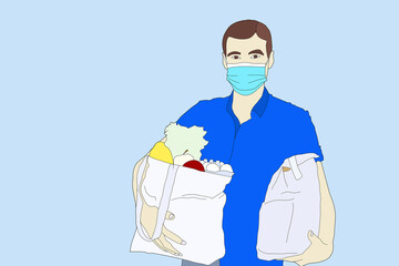 Safe food delivery. Young courier delivering grocery order to the home of customer with mask and gloves during the coronavirus pandemic. cartoon illustration isolated on yellow background.