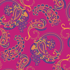 Floral seamless pattern with paisley ornament. Vector illustration in asian textile style