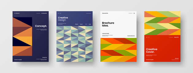 Fototapeta premium Company identity brochure template collection. Business presentation vector A4 vertical orientation front page mock up set. Corporate report cover abstract geometric illustration design layout bundle.