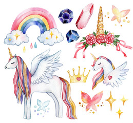 Funny cute set of wonderful magical elements with unicorns and butterflies. Watercolor illustration