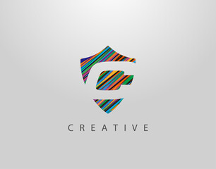 Shield C Letter Logo. Modern Abstract Geometric Design, made of various colorful strips shapes