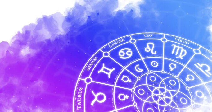 Zodiac circle with astrological signs rotates on a watercolor background. Looping animation.