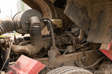 truck cab is raised. mechanism under the cabin close-up