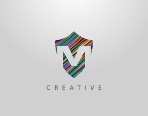 Shield M Letter Logo. Modern Abstract Geometric Design, made of various colorful strips shapes