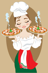 Beautiful Italian girl with two pizzas just baked in the hands
