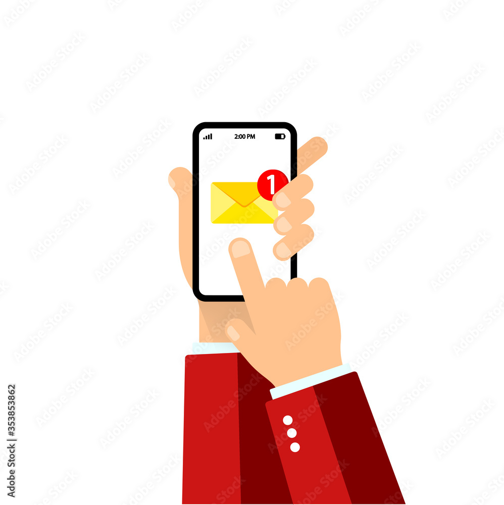 Poster hand holds a mobile phone on the screen envelope. new email notification on mobile phone. smartphone