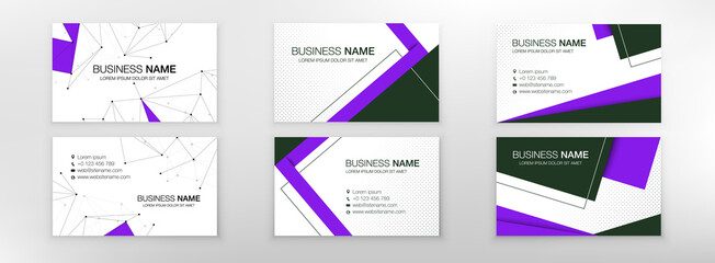 Business card templates. Set. Stationery design. Connection structure. Dots and line. Purple and black colors. Vector illustration