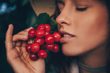 woman with cherries. Woman cherry. Fruits. Food. background. 