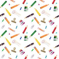 Seamless pattern with hand-drawn watercolor pencils, pastels, paper clips, pen, and inks. Bright colored background with the tools of the artist. Back to school. Stationery. 