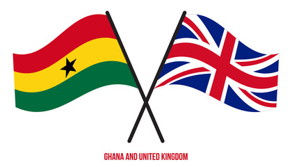 Ghana and United Kingdom Flags Crossed And Waving Flat Style. Official Proportion. Correct Colors