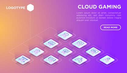 Cloud gaming web page template with thin line isometric icons: play on laptop, 120 FPS, low-latency gameplay, gamepad, wi-fi, live streaming, game controller, 5G technology. Vector illustration.