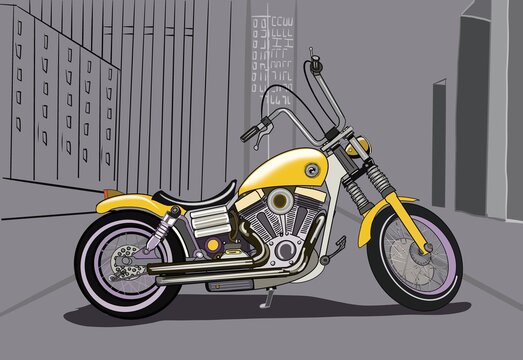 Motocicleta amarilla sobre fondo de ciudad . yellow motorbike on city background