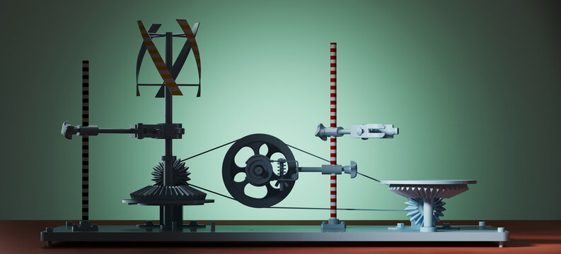 Creative background for product presentation. Mechanical gear podium with wind turbine, lab and workshop component. Cafe and cosmetic poster templates mockup. 3d render illustration.