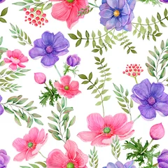 Foto op Aluminium Seamless pattern of pink and purple meadow flowers on a white background © Julia Studenikina