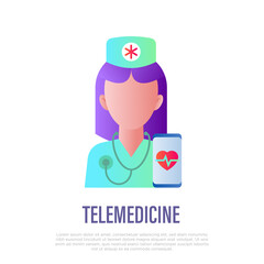 Telemedicine: doctor and smartphone with heartbeat. Online consultation. Gradient icon. Non-contact diagnostics. Vector illustration.