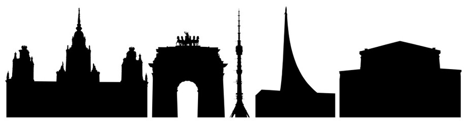 Silhouettes of Moscow buildings in Russia, University, Triumphal Gate, Tower in Ostankino, Cosmonautics Museum, Bolshoi Theater, set. Vector illustration