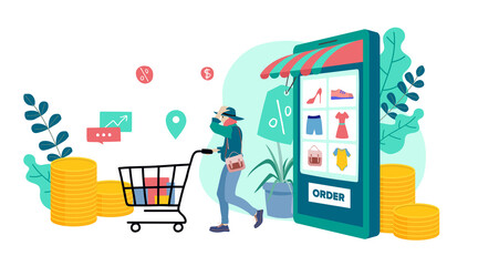 Shopping Online on Website or Mobile Application Vector Concept Marketing and Digital marketing. 