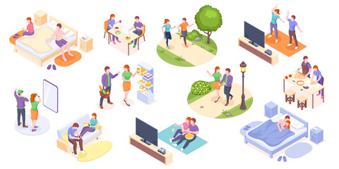 Couple daily life, man and woman together, vector isometric home routine and everyday leisure activity. Couple daily life breakfast eating, watching TV and jogging sport in park, cooking and shopping