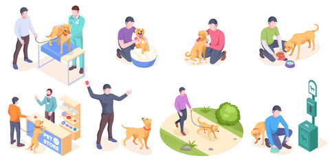 Obraz na płótnie Canvas Pet dog care, daily owner life, vector isolated isometric icons. Dog pet and owner daily activity, veterinarian checkup, walking in park and picking pet poop, training with toy ball and grooming