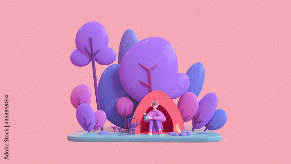 Wall mural casual young guy in headphones enjoys nature with a cup of tea in his hand sits in a red tent near t