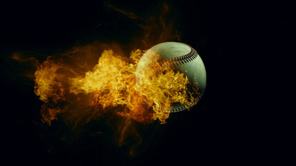 Baseball ball in fire, isolated dark background. 3d render. 