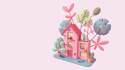 Cute pink cozy Eco House with yellow windows, red door stands on green lawn with colorful leaves. Sweet home with cat on the balcony, bird on roof, potted plants on terrace. 3d render in pastel colors