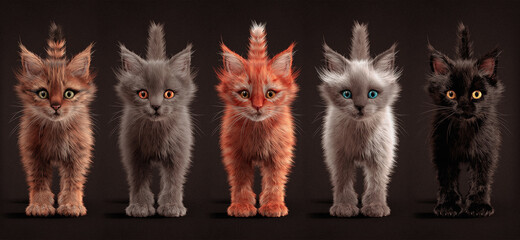 Collection of cute little playful kittens in different colors of brown, gray, red, white, black. Multi-colored eyes of green, yellow, blue color of young cats. 3d illustration on a dark background