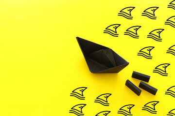 concept banner of avoiding crisis. paper boat escaping sharks idea