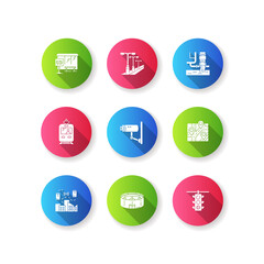 Public service regulation flat design long shadow glyph icons set. Traffic control. Road light. Video surveillance. Sport stadium. Passenger platform. Silhouette RGB color illustration