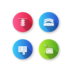 Urban regulation flat design long shadow glyph icons set. Air pollution sensor. Traffic control light. Bridge for walkway. Solar battery on home rooftop. Silhouette RGB color illustration