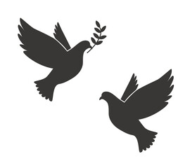 Black Silhouette of Flying Dove with Olive Twig Vector Icon Template Illustration
