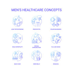 Mens healthcare concept icons set. Common diseases and health risks for men idea thin line RGB color illustrations. Male diagnoses, medical problems. Vector isolated outline drawings